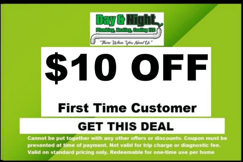Day & Night Plumbing 10 Dollars Off First Time Customer Coupon Page Graphic