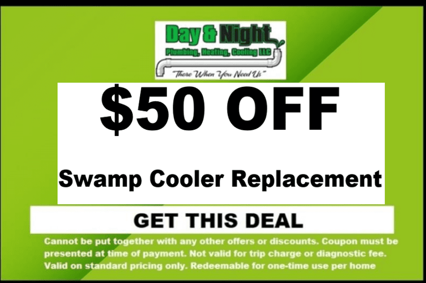 Day & Night Plumbing 50 dollars Off Swamp Cooler Replacement Coupon Page Graphic